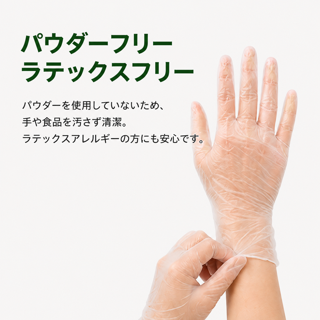 高品質パウダーフリー プラスチック手袋（PVC製）